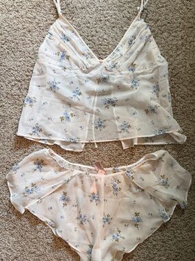 NWT VS Sheer Floral Intimate Cami & Shorts Set in Cream and Light Blue